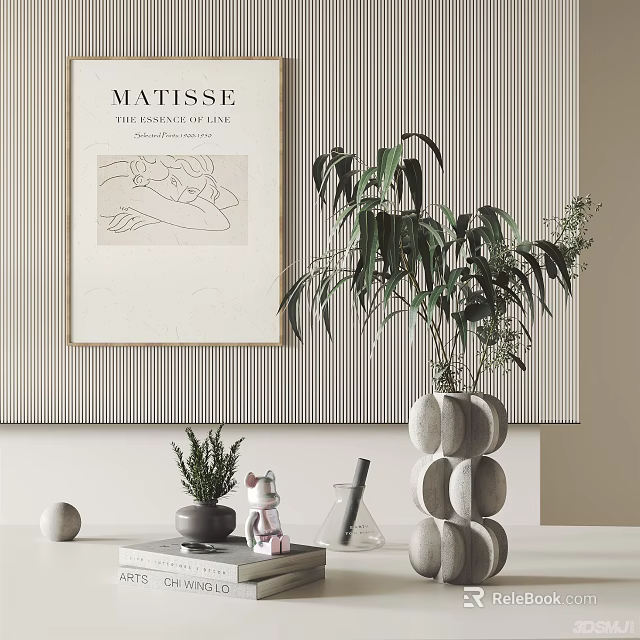 Decorative Ornaments Set With Matisse Art Print Green Plant Stacked Stone Vase And Pig Figurine 3d model 