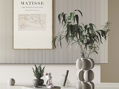 Decorative Ornaments Set With Matisse Art Print Green Plant Stacked Stone Vase And Pig Figurine 3d model