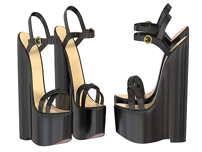 Fashionable Black Platform Wedge Heel Shoes For Women With Cross Straps Metallic Buckles 3d model