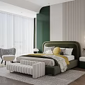 Modern Green And White Bedroom Interior With Bed Bench Nightstands And Curtains
