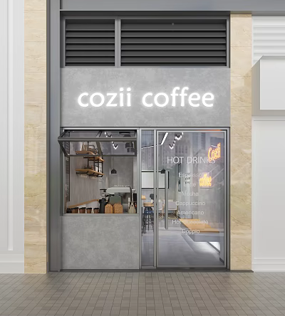Cozii Coffee Mall Shop With Glass Door And Hot Drinks Interior 3d model