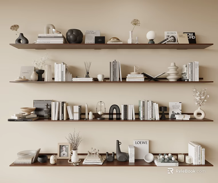 Modern Decorative Ornament Combination With Books Vases And Photo Frames On Shelves 3d model 