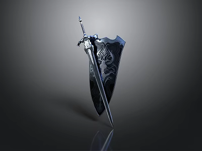 Black Medieval Sword And Shield With Ornate Decorative Patterns On Surface 3d model