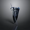 Black Medieval Sword And Shield With Ornate Decorative Patterns On Surface