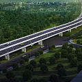 Modern Highway Overpass Road Infrastructure With Green Belt Trees And Street Lights