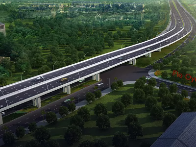 Modern Highway Overpass Road Infrastructure With Green Belt Trees And Street Lights 3d model