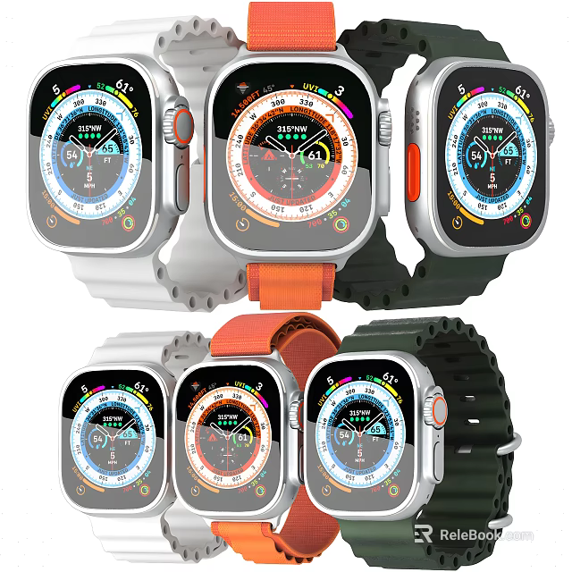 Multiple Smartwatches with Different Colored Straps and Watch Faces Displaying Fitness Data 3d model 