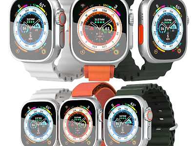 Multiple Smartwatches with Different Colored Straps and Watch Faces Displaying Fitness Data 3d model