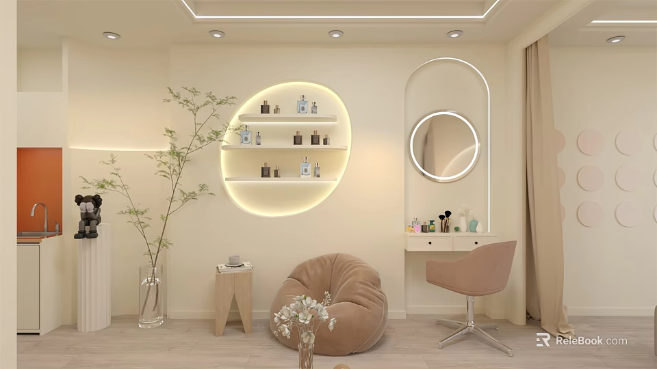 Modern Beauty Hair Salon Interior With Circular Illuminated Shelf Products Illuminated Mirror Beige Chair 3d model 