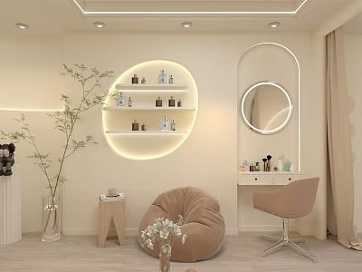 Modern Beauty Hair Salon Interior With Circular Illuminated Shelf Products Illuminated Mirror Beige Chair 3d model