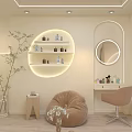 Modern Beauty Hair Salon Interior With Circular Illuminated Shelf Products Illuminated Mirror Beige Chair