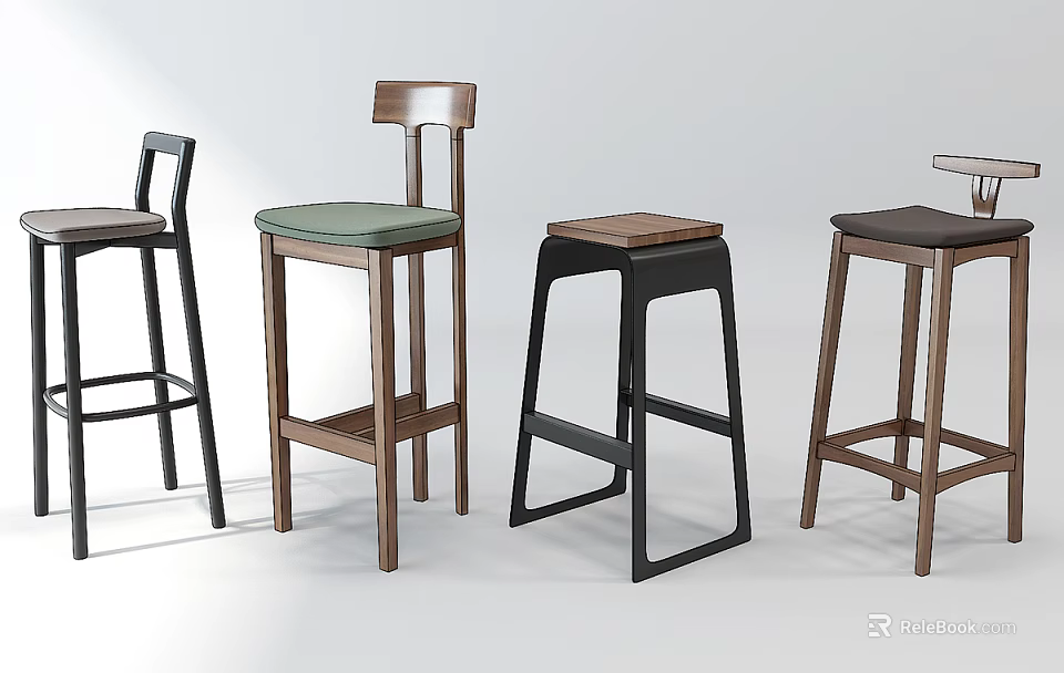 Modern Bar Stools With Diverse Designs Wooden Frames And Comfortable Seats 3d model 