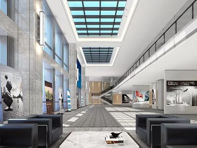 Modern Lobby Front Desk Reception with Glass Skylight Marble Walls and Black Sofas 3d model
