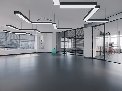 Spacious Open Fitness Studio With Large Windows Gray Floors Glass Partitions And Blue Exercise Ball 3d model