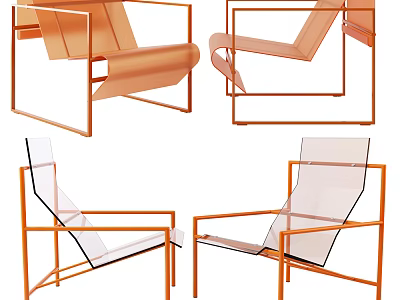 Modern Leisure Chair With Orange Frame And Transparent Material Displayed In Multiple Angles 3d model
