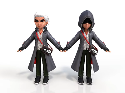 Cartoon Characters In Gray Coats With Red Straps White Hair And Hooded Design 3d model