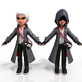 Cartoon Characters In Gray Coats With Red Straps White Hair And Hooded Design