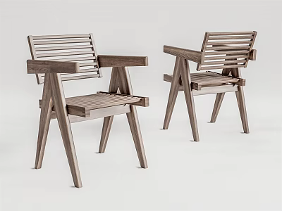 Two Modern Wooden Leisure Chairs With Slatted Backrest Armrests And Minimalist Design 3d model