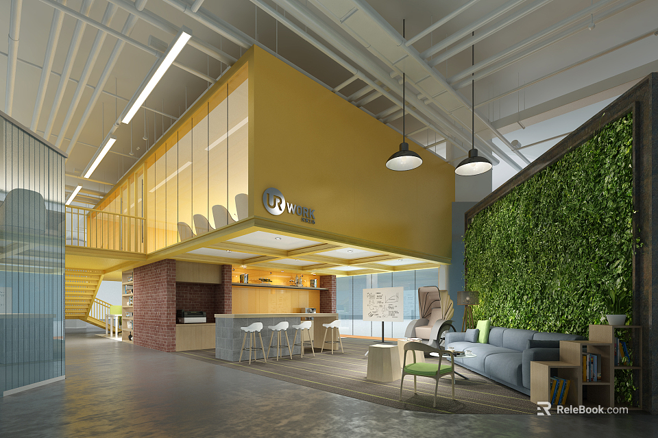 Modern Break Room Interior Design With Green Plant Wall Bar Seats And Sofa 3d model 