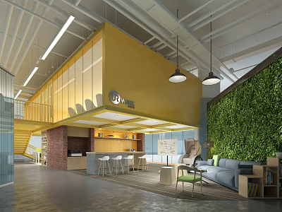 Modern Break Room Interior Design With Green Plant Wall Bar Seats And Sofa 3d model