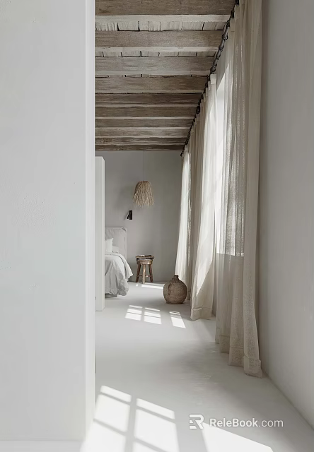Sunlit Bedroom With Wooden Ceiling White Walls Bedside Table Wicker Pendant Light And Clay Pot 3d model 