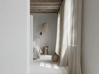 Sunlit Bedroom With Wooden Ceiling White Walls Bedside Table Wicker Pendant Light And Clay Pot 3d model