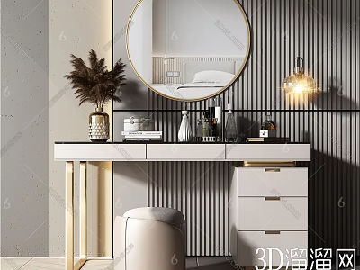 Elegant Modern Dressing Table Interior With Round Mirror Pampas Grass Vase And Stool Drawers 3d model