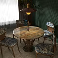 Modern Wooden Dining Table Set With Floral Pattern Chairs Green Wall And Pendant Light
