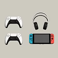 Entertainment Electronics with Two Black Game Controllers Wireless Headphones And Colorful Handheld Console 3d model