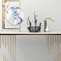 Elegant Modern Console Table With Gold Metal Frame Mountain Pattern And Decorative Vases 3d model