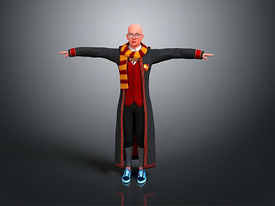Man in black robe red yellow striped scarf red vest blue sneakers with arms outstretched 3d model