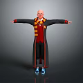 Man in black robe red yellow striped scarf red vest blue sneakers with arms outstretched