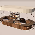 Round Wooden Bar Dining Table Set With Hanging Lights And Display Cases 3d model