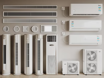 Various White Modern Air Conditioners and Fans Including Wall Mounted Floor Standing and Central Vents 3d model