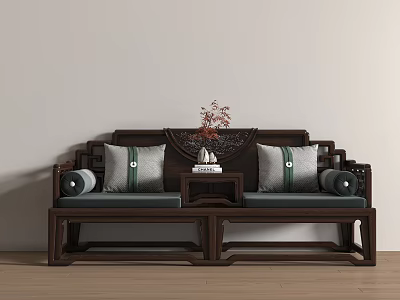 Traditional Chinese Dark Brown Wood Daybed Featuring Carved Backrest Green Gray Pillows And Tea Table 3d model