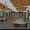 School Cafeteria Interior With Long Tables Stools Wooden Ceiling Pendant Lights And Green Plant