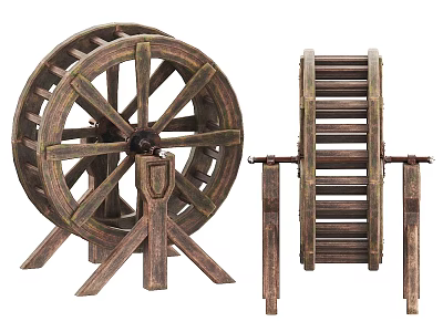 Traditional Wooden Agricultural Equipment With Large Wheel And Ladder Structure 3d model