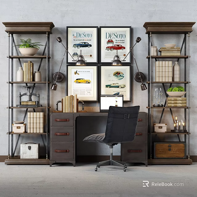 Vintage Industrial Desk And Chair Set With Bookshelves Posters Lamps And Green Plant 3d model 