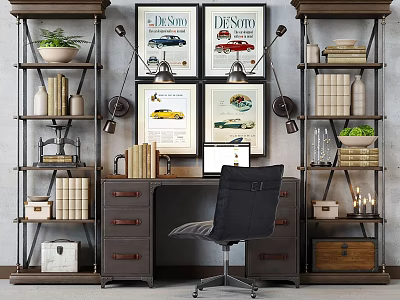 Vintage Industrial Desk And Chair Set With Bookshelves Posters Lamps And Green Plant 3d model