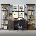 Vintage Industrial Desk And Chair Set With Bookshelves Posters Lamps And Green Plant