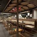 Traditional Japanese Restaurant Interior With Wooden Tables Chairs Red Pendant Lights And Circular Sign
