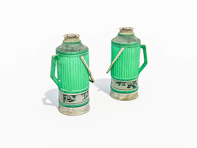 Two Green Striped Thermos Flasks With Metal Handles And Stable Base For Daily Household Use 3d model