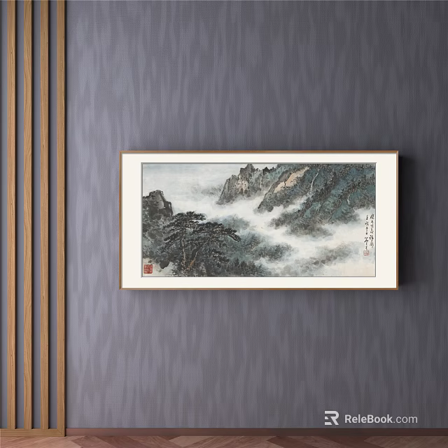 Traditional Chinese Landscape Painting With Misty Mountains Pine Trees And Framed On Gray Wall 3d model 