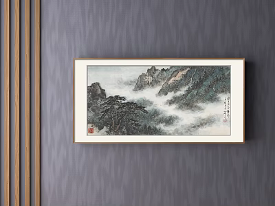 Traditional Chinese Landscape Painting With Misty Mountains Pine Trees And Framed On Gray Wall 3d model