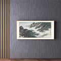 Traditional Chinese Landscape Painting With Misty Mountains Pine Trees And Framed On Gray Wall