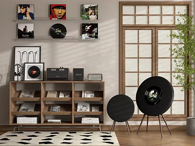 Modern Room Interior With Headphones Speakers On Wooden Shelf Decorative Artwork And Green Plants 3d model