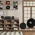 Modern Room Interior With Headphones Speakers On Wooden Shelf Decorative Artwork And Green Plants