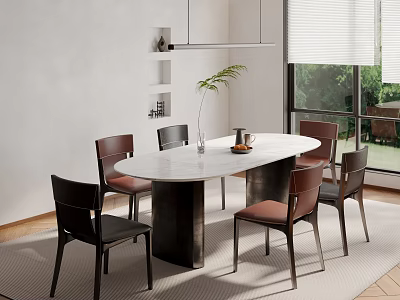 Modern Oval Dining Table Set with White Tabletop Black Legs Six Chairs and Hanging Light 3d model