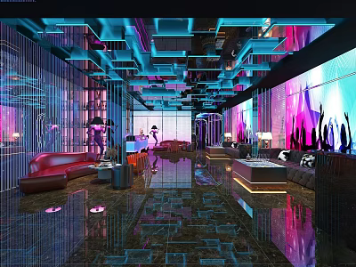 Modern KTV Interior Design With Colorful Lighting And Comfortable Sofa Seating 3d model