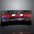 Modern Curved Multi Screen Control Center With Red Background Display Panels And Buttons